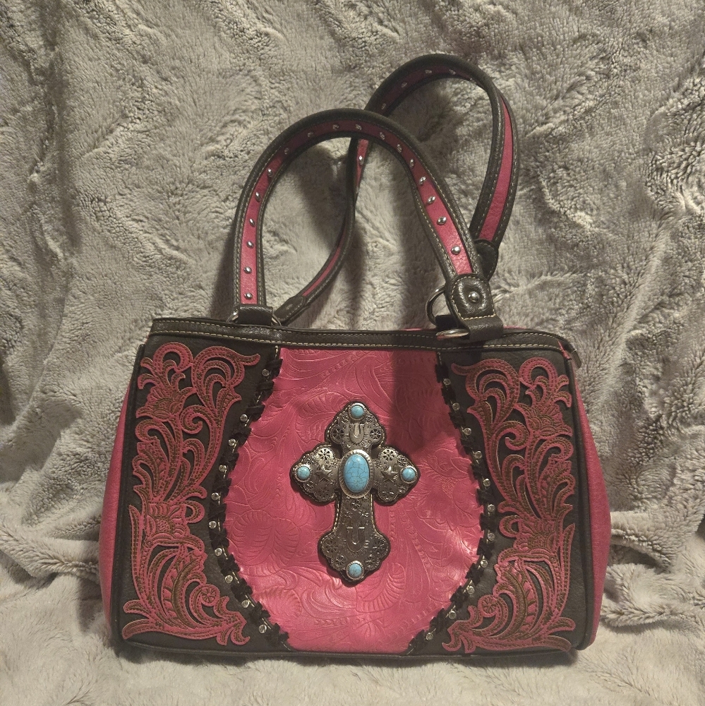 Montana West Hot Pink with Silver and Turquoise Cross  Purse